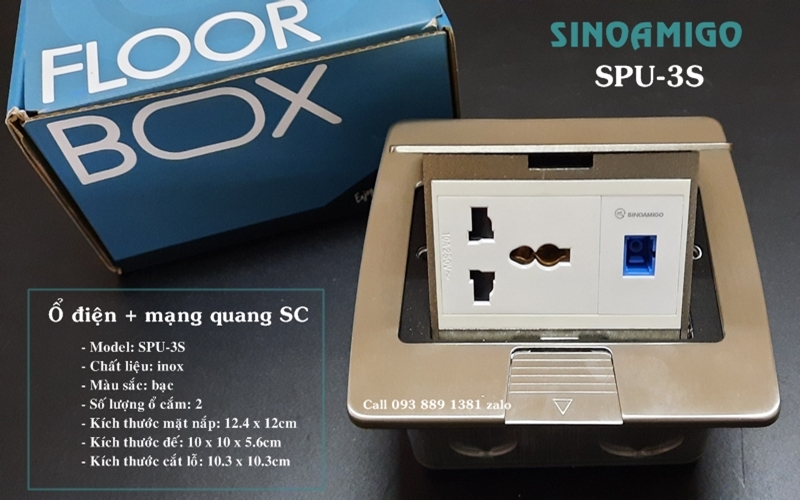 Ổ cắm điện + mạng quang chuẩn SC âm sàn Sinoamigo SPU-3S chính hãng