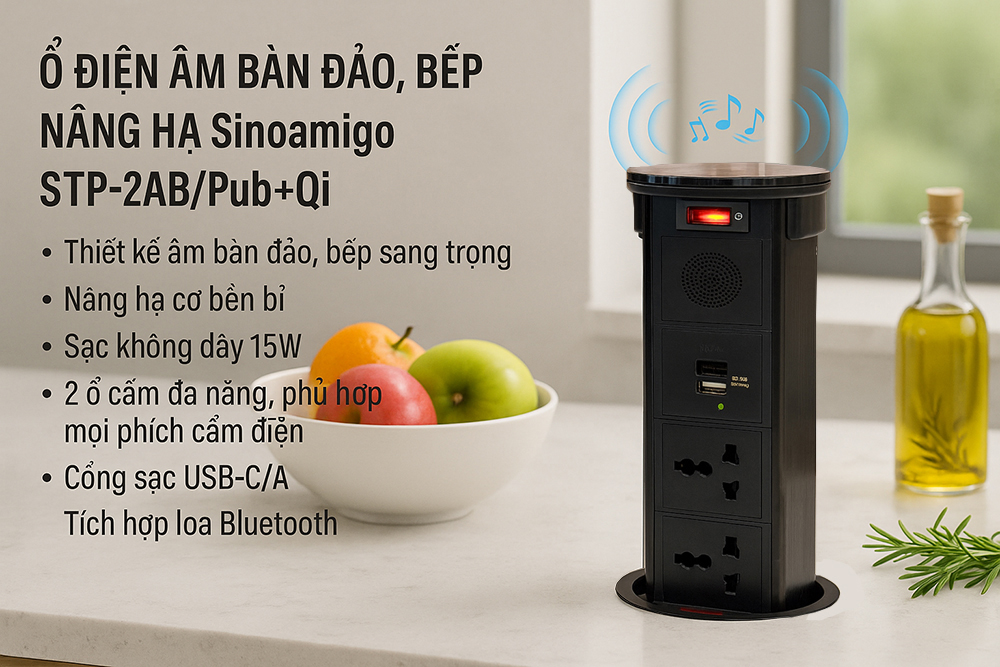 Ổ cắm âm bàn đảo bếp nâng hạ, tích hợp sạc không dây, loa bluetooth Sinoamigo STP-2AB/Pub+Qi