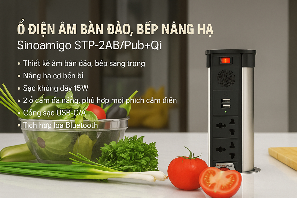 Ổ cắm âm bàn đảo bếp nâng hạ, tích hợp sạc không dây, loa bluetooth Sinoamigo STP-2AB/Pub+Qi