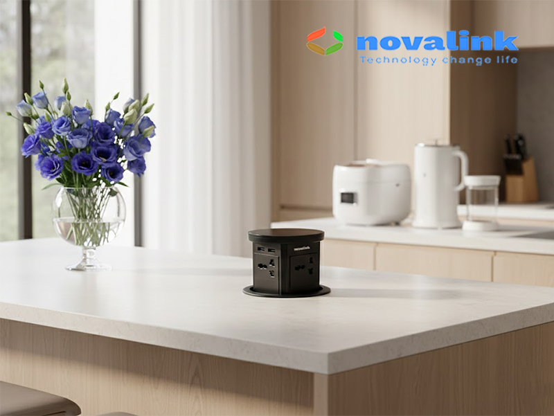 Ổ điện âm bàn đảo bếp có sạc không dây 15W, USB-C - Novalink KA-01