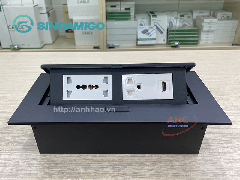 Hộp ổ cắm điện âm bàn họp Sinoamigo STS-212GST-2 màu đen. Tích hợp 3 ổ điện, 1 HDMI