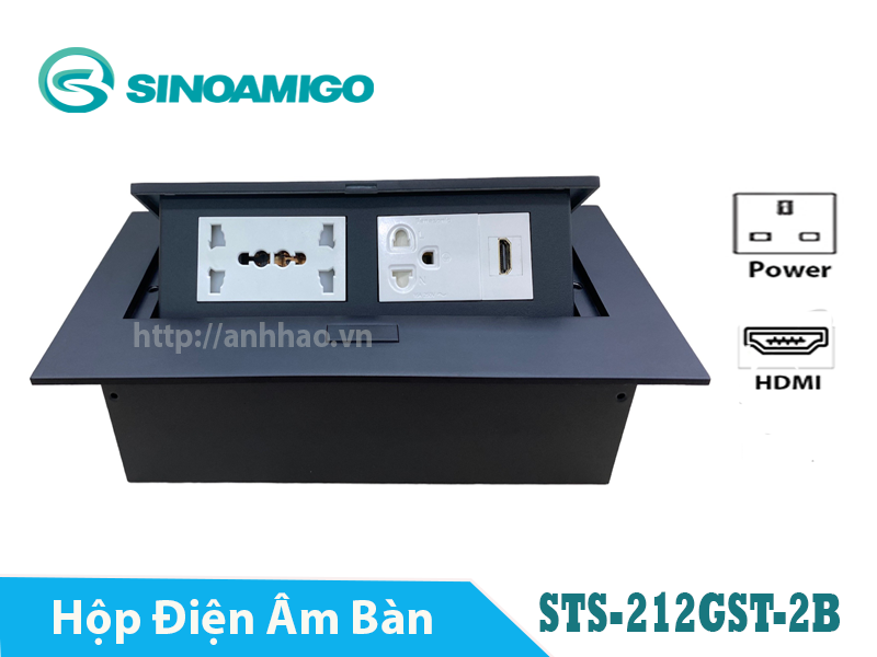 Hộp ổ cắm điện âm bàn họp Sinoamigo STS-212GST-2 màu đen. Tích hợp 3 ổ điện, 1 HDMI