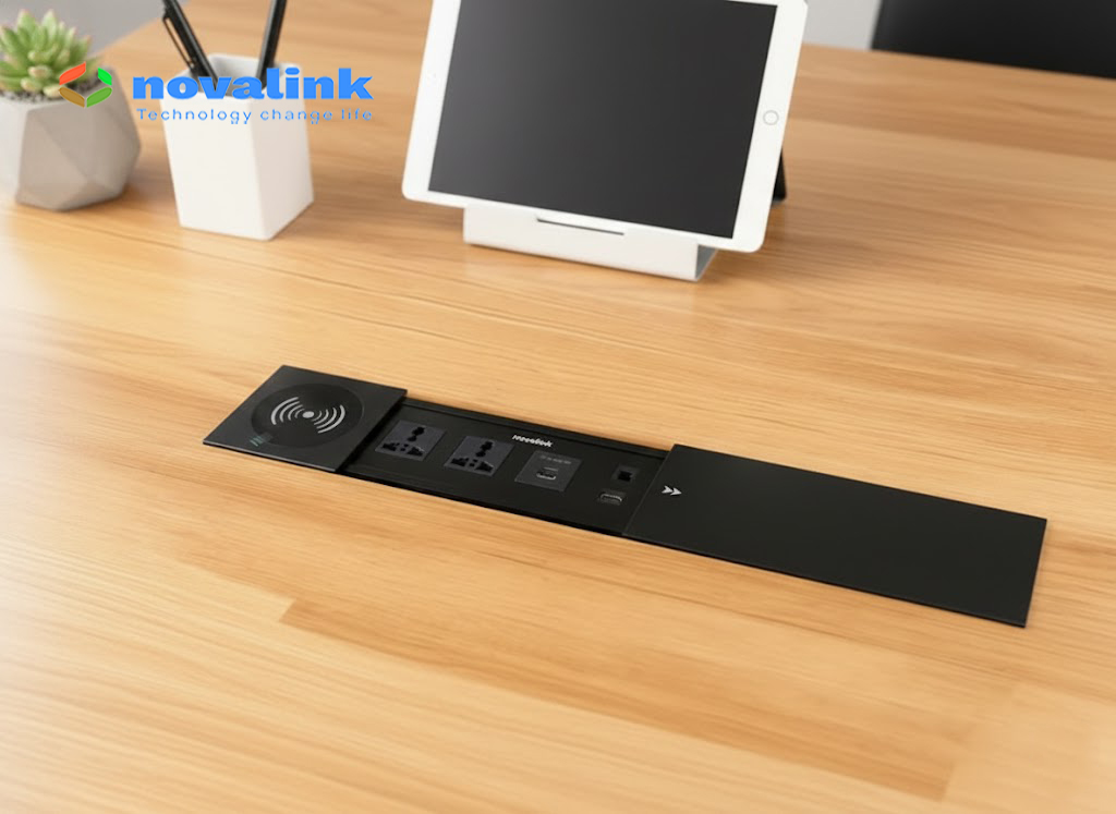 Ổ điện &acirc;m b&agrave;n nắp trượt t&iacute;ch hợp sạc kh&ocirc;ng d&acirc;y, HDMI, USB, mạng Novalink ST-B