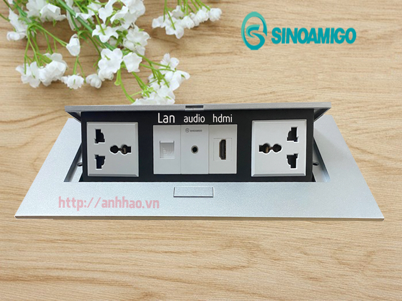 Hộp điện âm bàn Sinoamigo STS-212GST-1. Gồm 2 điện, 1 Lan, 1 HDMI, 1 Audio 3.5mm