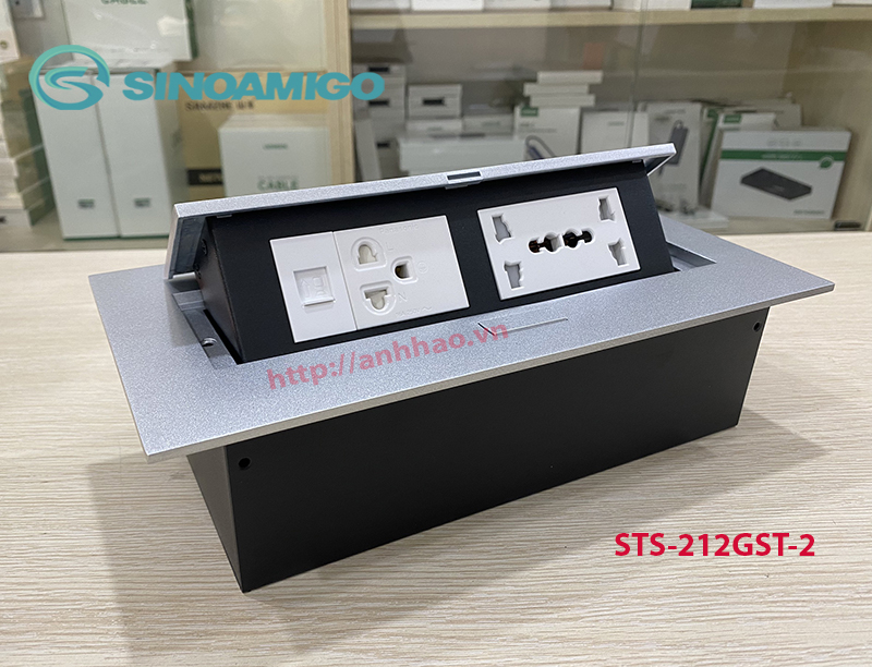 Hộp ổ cắm âm bàn Sinoamigo STS-212GST-2 tích hợp 3 ổ điện, 1 ổ mạng Lan