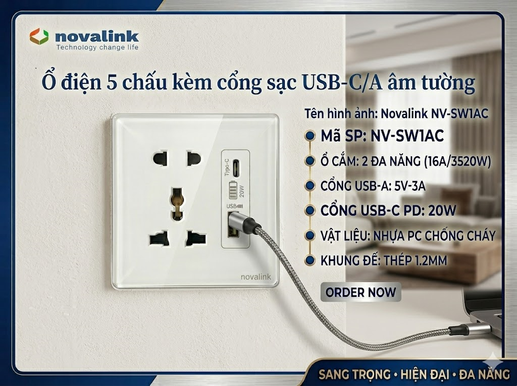 Ổ cắm sạc nhanh USB-C/ USB-A &acirc;m tường k&egrave;m ổ điện Novalink NV-SW1AC -Sạc nhanh, thiết kế hiện đại