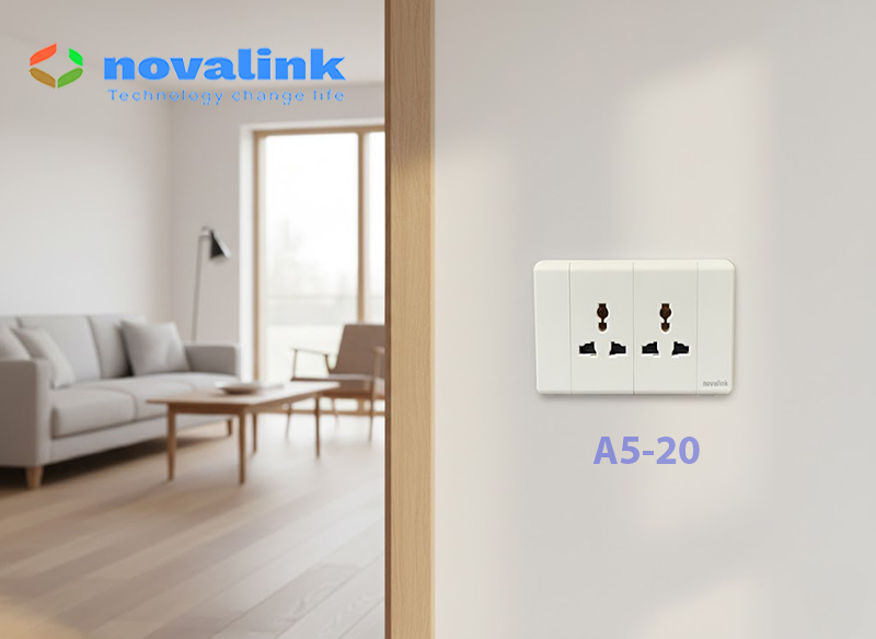 Ổ cắm đôi 3 chấu đa năng âm tường A6-20 Novalink, công suất 15A-220V