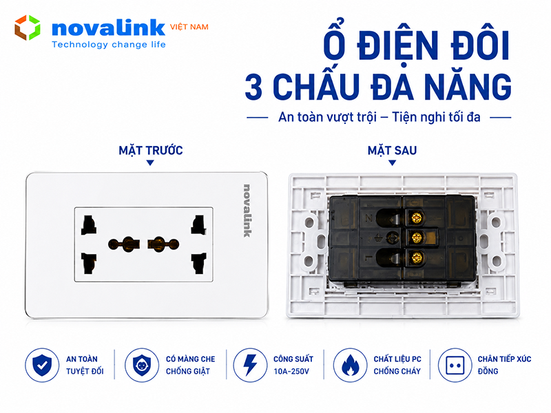 Ổ điện 3 chấu đa năng P13 Sinoamogo lắp âm tường phù hợp mọi loại phích cắm