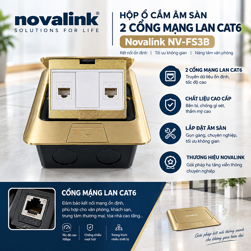 Ổ cắm mạng âm sàn 2 Cổng Lan RJ45 Novalink NV-FS3B màu vàng đồng
