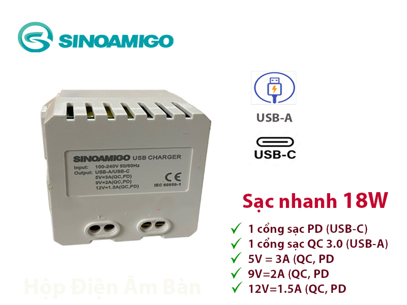 Hạt ổ cắm USB type C sinoamigo P21-QC1 lắp mặt nạ Panasonic âm tường dùng để sạc điện thoại, máy tính bảng