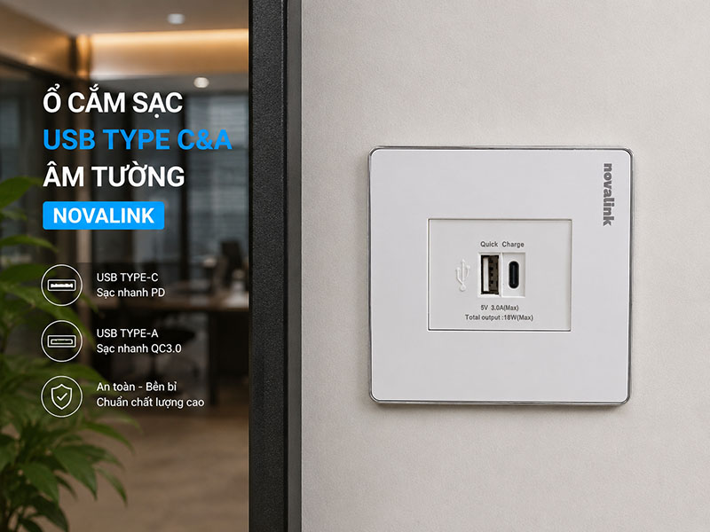 Sinoamigo P21-QC1: Ổ Cắm Sạc USB Type C &Acirc;m Tường H&igrave;nh Vu&ocirc;ng - T&iacute;ch Hợp C&ocirc;ng Nghệ Sạc Nhanh QC