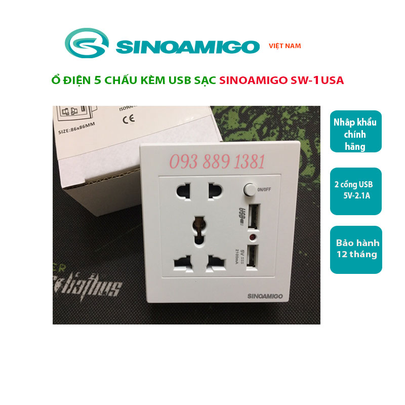 Mặt ổ điện +  USB  âm tường SW-1UAS âm tường (vuông)