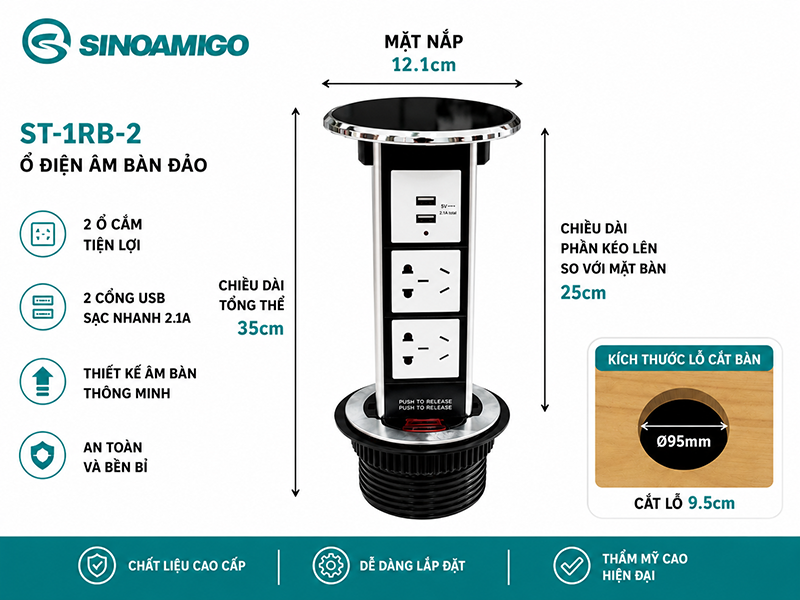 Hộp điện âm bàn đảo bếp Sinoamigo STP-1RB-4, tích hợp 4 ổ cắm 5 chấu