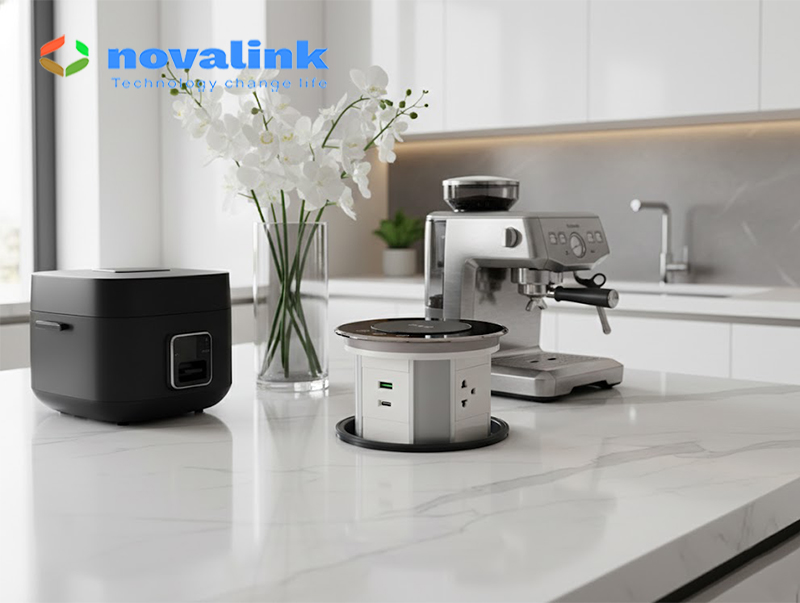 Ổ cắm âm bàn đảo thông minh Novalink WTWF-B - Tích hợp sạc không dây, chống nước IP65