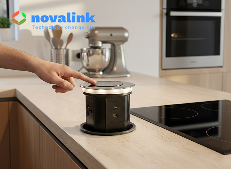 Ổ cắm &acirc;m b&agrave;n đảo th&ocirc;ng minh Novalink WTWF-B - T&iacute;ch hợp sạc kh&ocirc;ng d&acirc;y, chống nước IP65