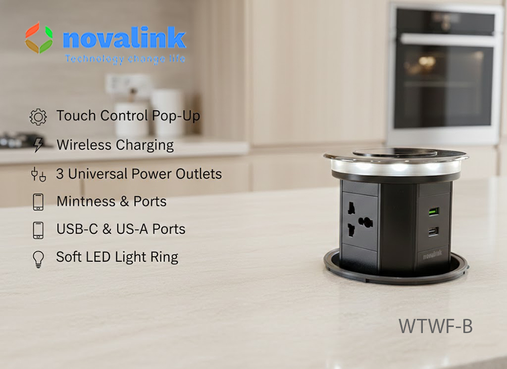 Ổ cắm &acirc;m b&agrave;n đảo th&ocirc;ng minh Novalink WTWF-B - T&iacute;ch hợp sạc kh&ocirc;ng d&acirc;y, chống nước IP65