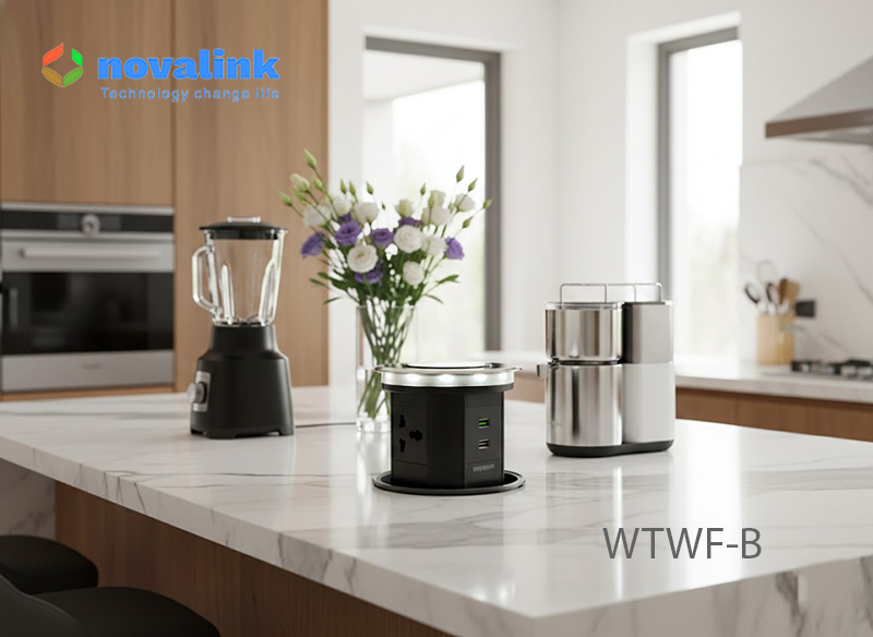 Ổ cắm &acirc;m b&agrave;n đảo th&ocirc;ng minh Novalink WTWF-B - T&iacute;ch hợp sạc kh&ocirc;ng d&acirc;y, chống nước IP65