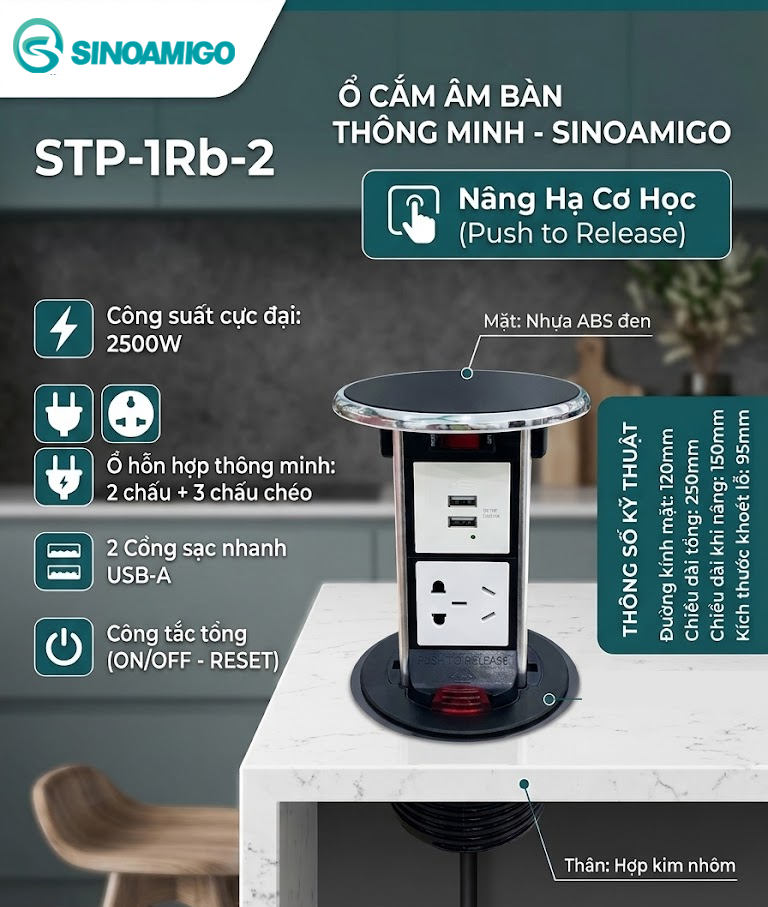 Ổ điện &acirc;m b&agrave;n đảo bếp Sinoamigo STP-1RB-2, t&iacute;ch hợp cổng sạc USB