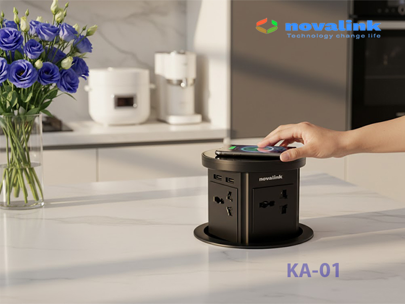 Ổ điện âm bàn đảo thông minh Novalink KA-01, tích hợp sạc không dây 15W