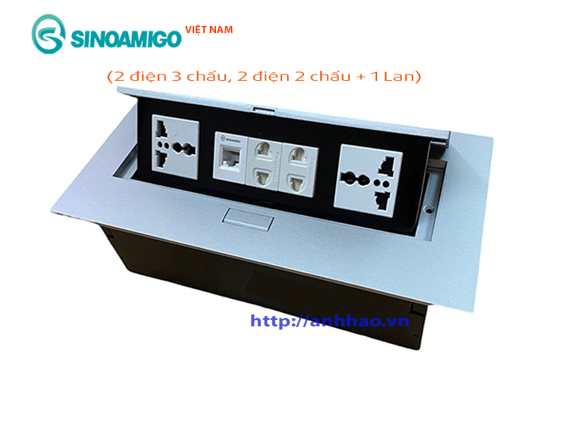 Ổ điện âm bàn Sinoamigo STS-212S lắp bàn làm việc, phòng họp (gồm 4 ổ điện, 1 ổ mạng)