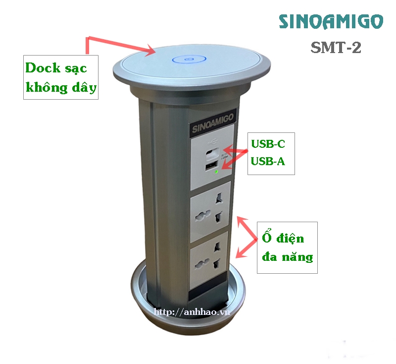 Hộp âm bàn cao cấp Sinoamigo SMT-2 mở nắp cảm ứng, sạc điện thoại không dây