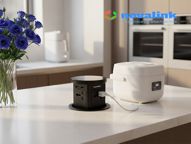 Ổ điện âm bàn đảo thông minh Novalink KA-01, tích hợp sạc không dây 15W