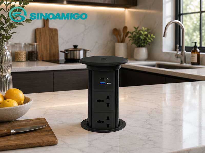 Ổ điện âm bàn đảo bếp nâng hạ tự động Sinoamigo SMT-6B màu đen, sạc không dây 15W