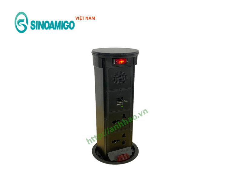 Ổ cắm điện âm bàn đảo bếp Sinoamigo STP-2AB/ 2Pub+Qi, có loa bluetooth, sạc không dây