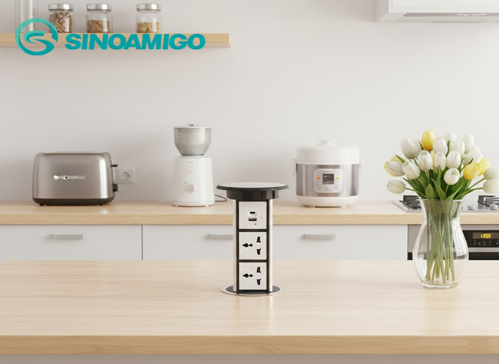 Ổ điện âm bàn đảo bếp hình trụ Sinoamigo SMT-4 màu bạc, đóng mở cảm ứng tự động, tích hợp sạc không dây