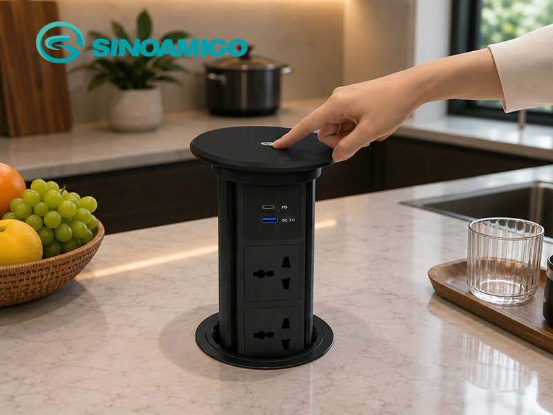 Ổ điện âm bàn đảo bếp nâng hạ tự động Sinoamigo SMT-6B màu đen, sạc không dây 15W