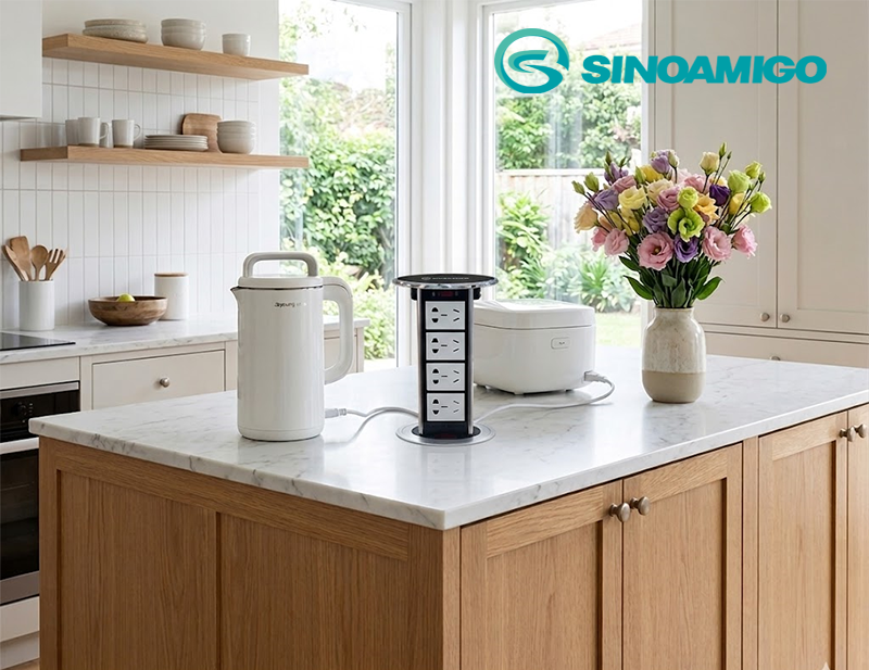 Hộp điện &acirc;m b&agrave;n đảo bếp Sinoamigo STP-1RB-4, t&iacute;ch hợp 4 ổ cắm 5 chấu