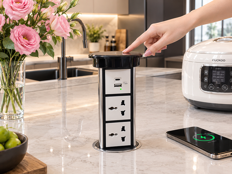 Ổ điện &acirc;m b&agrave;n đảo bếp n&acirc;ng hạ tự động cảm ứng Touch Smart Sinoamigo SMT-6S c&oacute; sạc kh&ocirc;ng d&acirc;y 15W