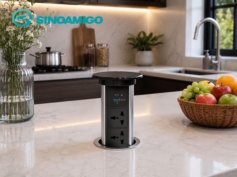 Ổ điện âm bàn đảo bếp nâng hạ tự động cảm ứng Touch Smart Sinoamigo SMT-6S có sạc không dây 15W