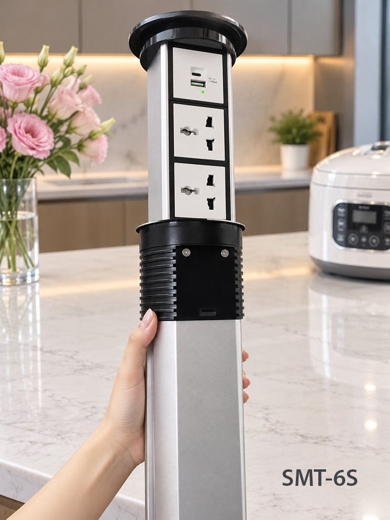 Ổ điện &acirc;m b&agrave;n đảo bếp n&acirc;ng hạ tự động cảm ứng Touch Smart Sinoamigo SMT-6S c&oacute; sạc kh&ocirc;ng d&acirc;y 15W