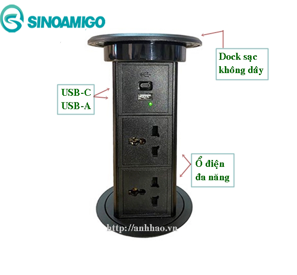 Ổ điện âm bàn bếp, bàn đảo Sinoamigo SMT-4, nút mở cảm ứng, tích hợp sạc không dây