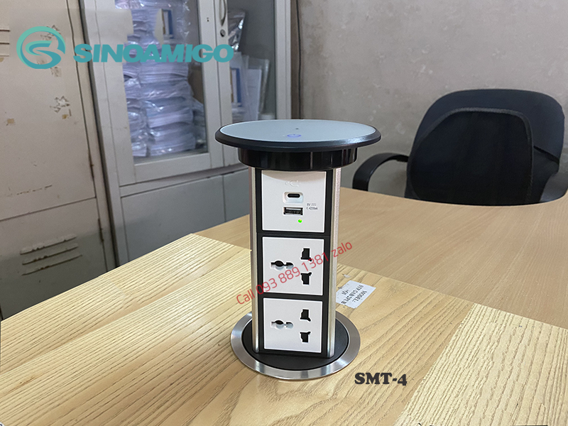 Ổ điện âm bàn đảo bếp Sinoamigo SMT-4S (bạc): Nâng hạ cảm ứng , tích sạc không dây 15W, chống nước IP54