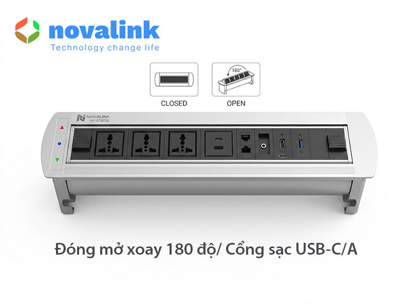 Ổ điện &acirc;m b&agrave;n họp tự động Novalink NV-ST803E, xoay điện 180 độ, t&iacute;ch hợp HDMI, USB-C, mạng LAN