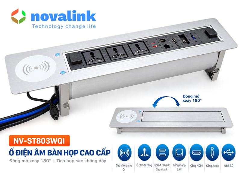 Ổ điện âm bàn họp có sạc không dây Novalink NV-ST803WQI, xoay điện 180 độ, tích hợp HDMI và USB-C