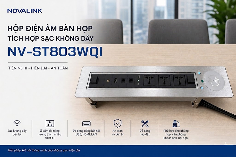 Ổ điện âm bàn họp có sạc không dây Novalink NV-ST803WQI, xoay điện 180 độ, tích hợp HDMI và USB-C