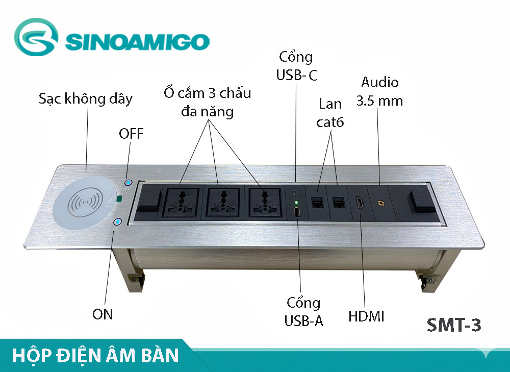 Ổ điện âm bàn họp đa năng Sinoamigo SMT-3 xoay 180 độ, có sạc không dây cho văn phòng