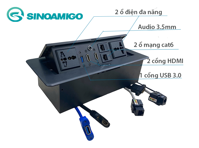 Ổ điện âm bàn họp đa năng màu đen có HDMI, USB, Lan - Sinoamigo STS-201GST-B