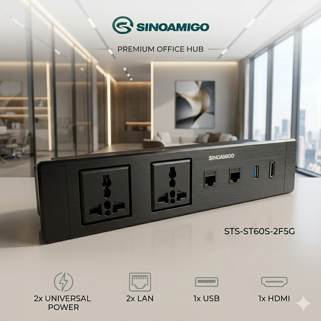 Hộp ổ cắm &acirc;m b&agrave;n Sinoamigo STS-ST60S-3F5G, t&iacute;ch hợp 3 ổ điện đa năng, 2 Lan cat6, 1 HDMI, 1 USB 3.0
