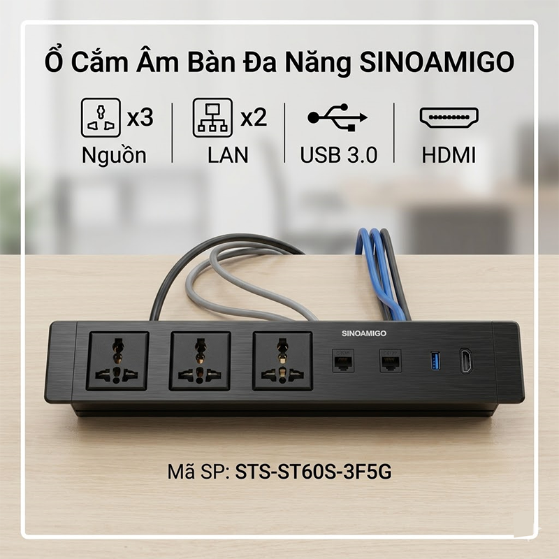 Hộp ổ cắm âm bàn Sinoamigo STS-ST60S-3F5G, tích hợp 3 ổ điện đa năng, 2 Lan cat6, 1 HDMI, 1 USB 3.0