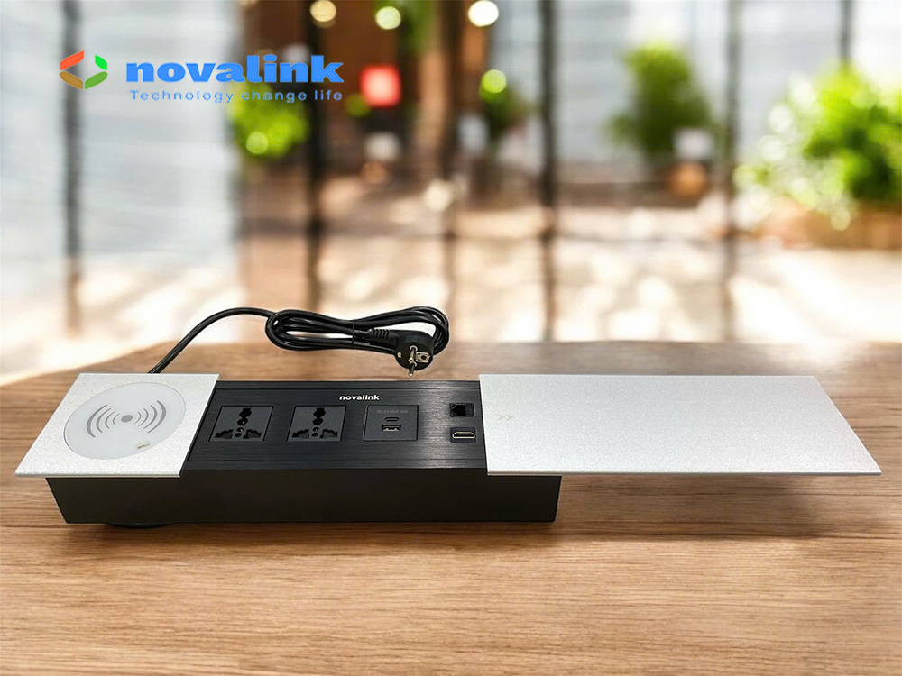 Ổ điện âm bàn họp nắp trượt màu trắng có sạc không dây Qi, HDMI, LAN Cat6 - Novalink ST-W