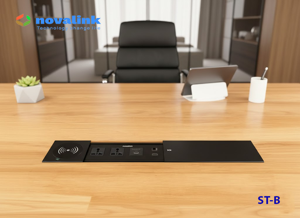 Ổ điện &acirc;m b&agrave;n nắp trượt t&iacute;ch hợp sạc kh&ocirc;ng d&acirc;y, HDMI, USB, mạng Novalink ST-B
