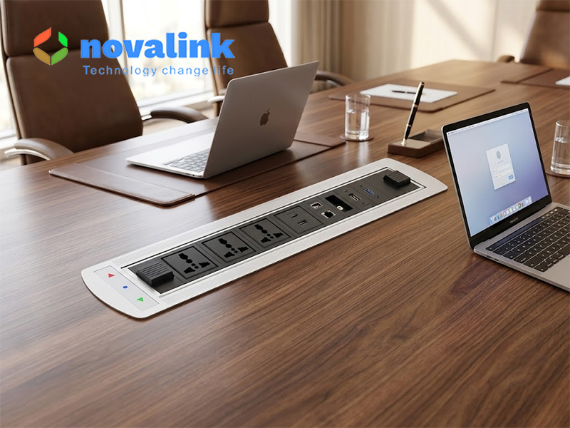 Ổ điện &acirc;m b&agrave;n họp tự động Novalink NV-ST803E, xoay điện 180 độ, t&iacute;ch hợp HDMI, USB-C, mạng LAN