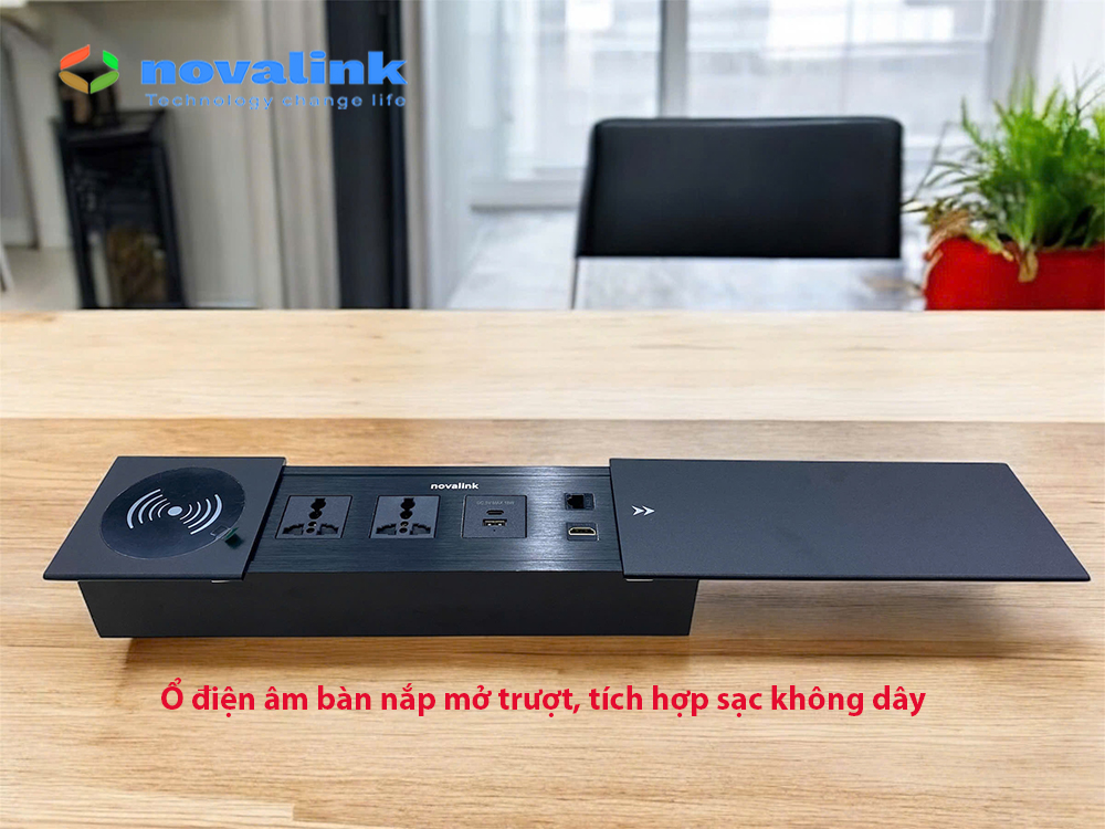 Ổ điện âm bàn họp nắp trượt có sạc không dây Qi, HDMI, LAN Cat6 - Novalink ST-B