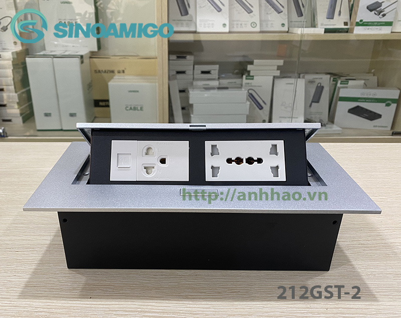 Hộp ổ cắm âm bàn Sinoamigo STS-212GST-2 tích hợp 3 ổ điện, 1 ổ mạng Lan