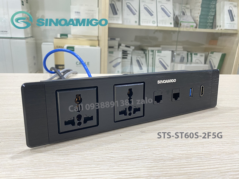 Hộp ổ cắm &acirc;m b&agrave;n Sinoamigo STS-ST60S-3F5G, t&iacute;ch hợp 3 ổ điện đa năng, 2 Lan cat6, 1 HDMI, 1 USB 3.0