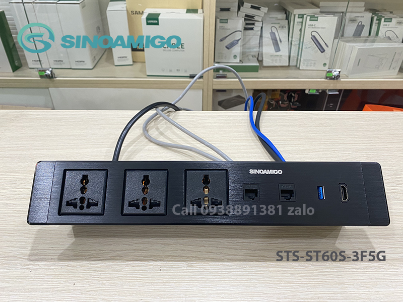 Hộp ổ cắm âm bàn Sinoamigo STS-ST60S-3F5G, tích hợp 3 ổ điện đa năng, 2 Lan cat6, 1 HDMI, 1 USB 3.0
